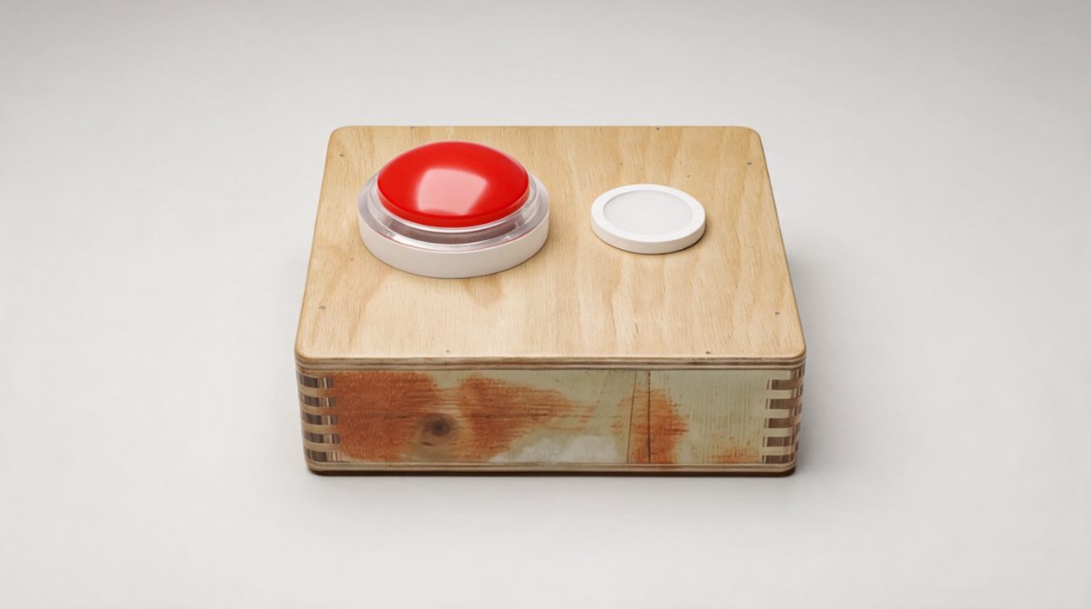 Allehop mini box with a large red button and a small switch